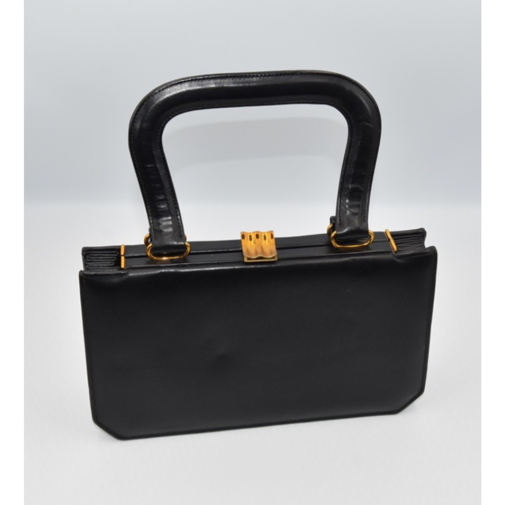 1950s Golden Age Classic Black Leather Accordion Handbag By Frank Milch View 2